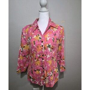 Sigrid Olsen Floral 100% Linen Pink Button Down Shirt Coastal Preppy Cruise Arts